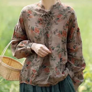 Johnature весна-лето женская винтажная свободная рубашка Ramie с длинным рукавом модная рубашка с принтом One Size кофейный