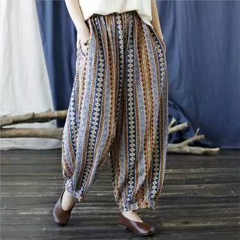 Johnature весна-лето женские полосатые свободные брюки-морковки винтажные повседневные брюки One Size