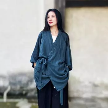 Johnature весна-лето женское льняное повседневное пальто с v-образным вырезом и длинными рукавами, свободное однотонное винтажное пальто One Size кофейный