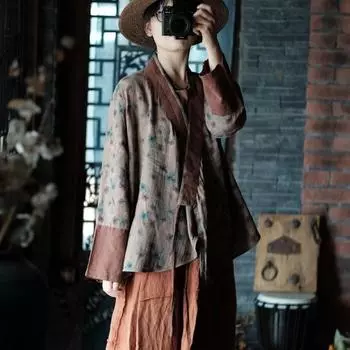 Johnature весна-лето Женское принтованное винтажное повседневное пальто с длинным рукавом и V-образным вырезом из хлопка свободного покроя One Size кофейный