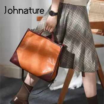 Johnature винтажная большая сумка из натуральной кожи, большая вместительная женская сумка, простые универсальные сумки на плечо из натуральной мягкой натуральной яловой кожи кофейный