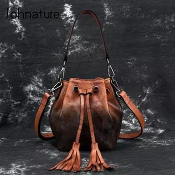 Johnature винтажная многофункциональная женская маленькая сумка из воловьей кожи, модная сумка-ведро из натуральной кожи, сумки на плечо и через плечо с кисточками зелёный