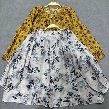 Johnature винтажная рубашка с принтом, женская летняя свободная универсальная повседневная солнцезащитная куртка с круглым вырезом, рубашки