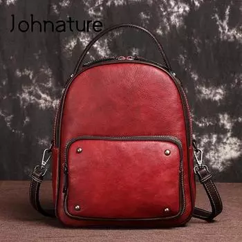 Johnature винтажная сумка из натуральной кожи, женский маленький рюкзак для отдыха из натуральной яловой кожи, рюкзаки большой емкости, дорожные сумки красный
