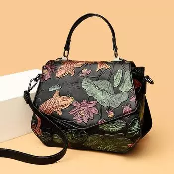 Johnature винтажная сумка с тиснением, универсальная женская кожаная сумка с цветочным принтом, сумки большой емкости для отдыха и через плечо чёрный