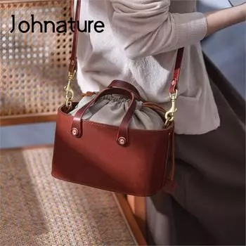 Johnature, винтажная сумка-ведро из натуральной кожи на шнурке, женская сумка на плечо и через плечо из натуральной яловой кожи