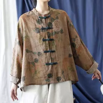 Johnature винтажная свободная льняная рубашка с длинными рукавами и ручной пряжкой, осенняя женская модная льняная однобортная рубашка One Size кофейный