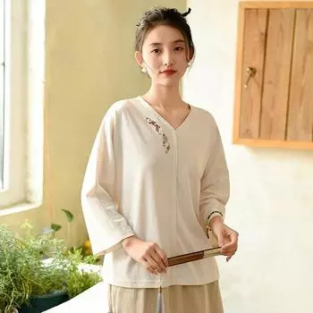 Johnature винтажная женская футболка с вышивкой и цветочным принтом, однотонная весенняя свободная повседневная футболка с v-образным вырезом и длинным рукавом M светло-бежевый