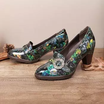 Johnature винтажная женская обувь на высоком каблуке с цветочным рисунком в стиле масляной живописи, туфли-лодочки без шнуровки в стиле ретро из натуральной кожи с круглым носком 36 зелёный