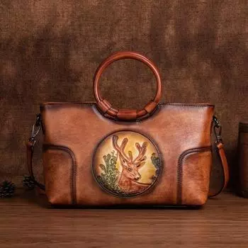 Johnature винтажная женская сумка из натуральной коровьей кожи с тиснением оленя, универсальная большая вместительная сумка для отдыха, сумки на плечо черный серый