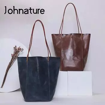 Johnature винтажная женская сумка из натуральной кожи, повседневная сумка из натуральной яловой кожи, портативная большая вместительная сумка для покупок на плечо чёрный