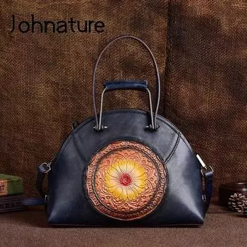 Johnature винтажная женская сумка из натуральной кожи, роскошная сумка ручной работы из натуральной воловьей кожи, универсальные сумки на плечо чёрный