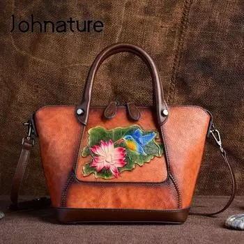 Johnature винтажная женская сумка из натуральной кожи с тиснением ручной работы, большая вместительная сумка через плечо из воловьей кожи