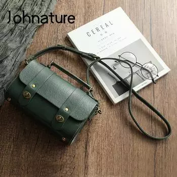 Johnature винтажная женская сумка-мессенджер из натуральной коровьей кожи, сумка ручной работы для отдыха, однотонные сумки на плечо чёрный