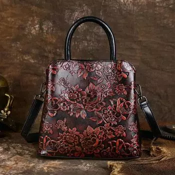 Johnature винтажная женская сумка с цветком из натуральной кожи, универсальные сумки ручной работы с тиснением на плечо большой вместимости