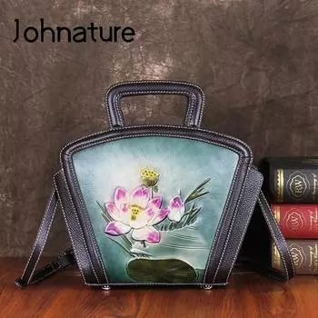 Johnature винтажная женская сумка с тиснением первого слоя из коровьей кожи, роскошная сумка, ручная роспись, женские сумки на плечо в форме лотоса черный серый