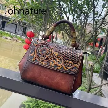 Johnature винтажная женская сумка с тиснением, универсальная кожаная сумка большой вместимости, женские сумки на плечо ручной работы чёрный