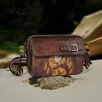 Johnature винтажная женская сумка с тиснением, универсальные сумки из натуральной яловой кожи ручной работы на плечо и через плечо красно-коричневый
