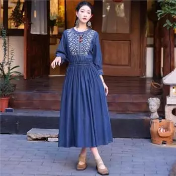 Johnature винтажное хлопковое платье трапециевидной формы с длинными рукавами и вышивкой, женское весеннее повседневное платье с круглым вырезом M синий