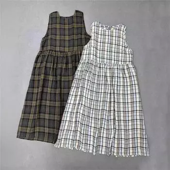 Johnature винтажное клетчатое платье-жилет женское летнее платье с круглым вырезом на пуговицах Mori японское женское платье без рукавов