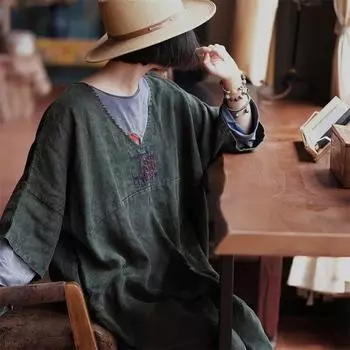 Johnature винтажное осеннее женское платье с вышивкой и v-образным вырезом, зеленые халаты с семью рукавами, свободное льняное женское платье с рукавами летучая мышь One Size темно-зеленого