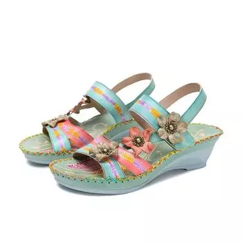 Johnature винтажные босоножки на танкетке с цветочным принтом, универсальная женская обувь ручной работы из натуральной кожи в этническом стиле 36 зелёный
