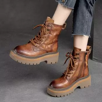 Johnature, винтажные ботинки на толстой подошве, короткие сапоги из натуральной кожи с боковой молнией, модная универсальная женская обувь 35 коричневый