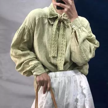 Johnature винтажные хлопковые льняные свободные повязки свободные женские рубашки осенние блузки с отложным воротником и рукавами-фонариками One Size зелёный