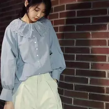 Johnature винтажные хлопковые однотонные свободные рубашки с воротником «Питер Пэн» женские весенние новые женские блузки на пуговицах One Size светло-синий