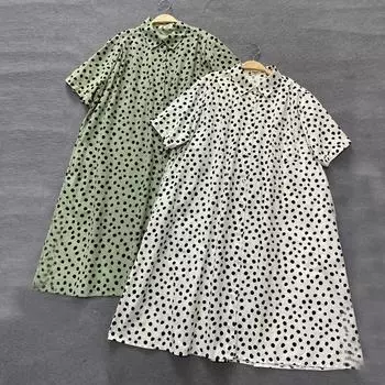 Johnature винтажные хлопковые платья с волнистыми точками, женские летние повседневные свободные женские платья с отложным воротником