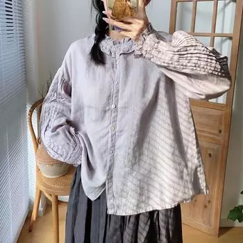 Johnature винтажные льняные рубашки с оборками и воротником-гармошкой и плиссированными рукавами, весенние повседневные свободные однотонные женские блузки One Size бежевый