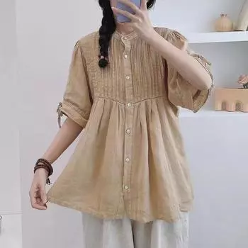 Johnature винтажные льняные женские рубашки летние драпированные свободные однобортные женские рубашки Mori с короткими рукавами 3 цвета топы блузки One Size хаки