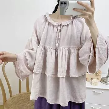 Johnature винтажные льняные женские рубашки с оборками и рюшами, летние свободные однотонные блузки с рукавами три четверти Mori на шнуровке One Size бежевый