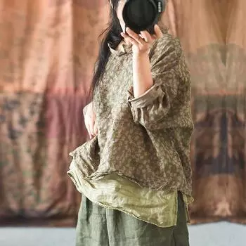 Johnature винтажные летние женские футболки Ramie с цветочным принтом и круглым вырезом, длинными рукавами, женская одежда в китайском стиле, повседневные футболки One Size розовый