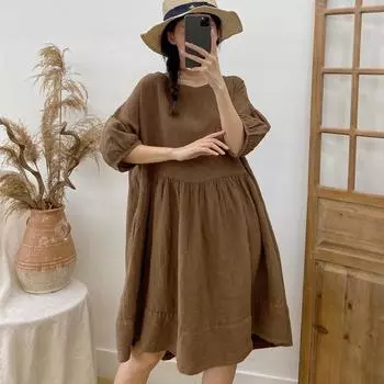 Johnature винтажные платья длиной до колена, летнее однотонное свободное женское платье с круглым вырезом и коротким рукавом One Size чёрный