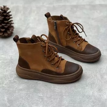 Johnature/винтажные полусапоги на плоской подошве из натуральной кожи, универсальная женская обувь из воловьей кожи с круглым носком и толстой подошвой