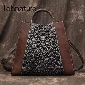 Johnature винтажные роскошные сумки большой вместимости женские сумки ручной работы с тиснением из воловьей кожи с цветочным принтом сумки на плечо и через плечо