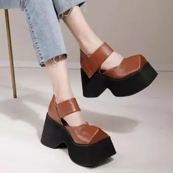Johnature винтажные туфли из натуральной кожи на высокой толстой подошве 10 см, однотонные женские сандалии на платформе с квадратным носком 35 чёрный