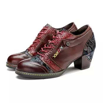 Johnature винтажные туфли-лодочки из натуральной кожи с принтом и строчкой, женская обувь, удобные туфли на высоком толстом каблуке 36 вино красного