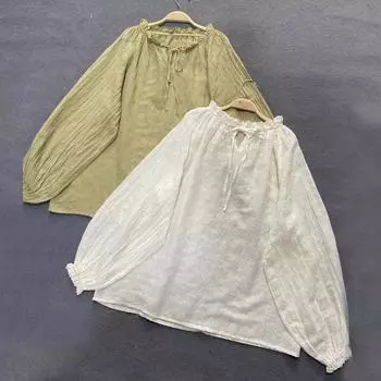Johnature винтажные женские льняные блузки с вышивкой, летние свободные однотонные рубашки с воротником с оборками One Size зелёный