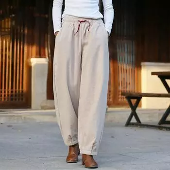 Johnature винтажные женские однотонные брюки из плотного флиса, зимние повседневные теплые шаровары до щиколотки One Size бежевый