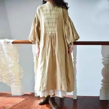 Johnature винтажные женские платья с пышными рукавами, летние однотонные лоскутные кружевные свободные карманы, женское платье One Size светло-желтого