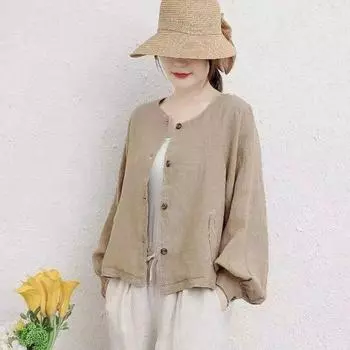 Johnature винтажные женские простые куртки весенние однотонные свободные пальто с круглым вырезом и пуговицами с рукавами-фонариками и карманами One Size чёрный