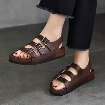 Johnature/винтажные женские сандалии из натуральной кожи, универсальные пляжные туфли для отдыха из натуральной воловьей кожи на толстой подошве 36 чёрный