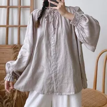 Johnature винтажные женские топы, блузки, весенне-осенние свободные простые женские рубашки с оборками и воротником-галстуком One Size бежевый