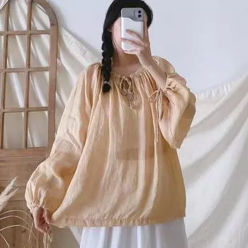 Johnature винтажные женские топы с рукавами-фонариками Ramie, рубашки весна-лето, свободные галстуки, тонкие однотонные женские блузки Mori One Size хаки