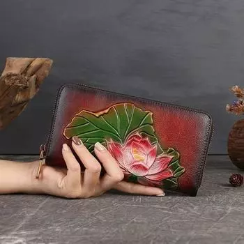 Johnature винтажный длинный кошелек с цветочным принтом, кошелек из натуральной кожи, держатель для карт, ручная работа, тисненая воловья кожа, женские ручные кошельки красно-коричневый