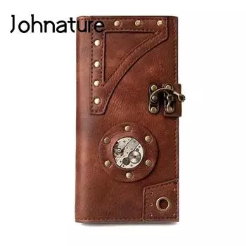 Johnature винтажный длинный кошелек с держателем для карт унисекс в стиле стимпанк Высокое качество из искусственной кожи однотонный большой клатч кошельки коричневый