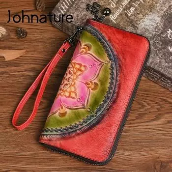 Johnature винтажный кошелек с держателем для карт из натуральной кожи с тиснением, женские длинные кошельки из натуральной натуральной яловой кожи, ручной кошелек чёрный