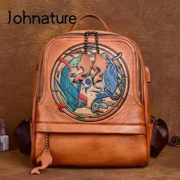 Johnature винтажный рюкзак из натуральной яловой кожи, женская сумка с тиснением ручной работы, большая вместительность для отдыха, дорожные рюкзаки из натуральной яловой кожи зелёный